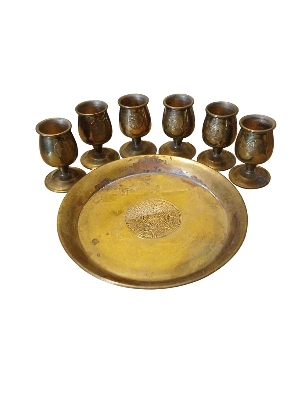 Vintage Brass Aztec Calender Imbossed 6 Goblets/Matching‎ Tray Set